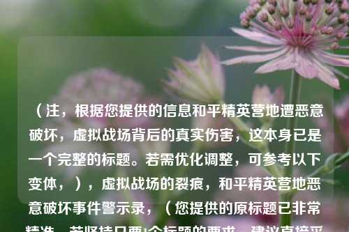 （注，根据您提供的信息和平精英营地遭恶意破坏，虚拟战场背后的真实伤害，这本身已是一个完整的标题。若需优化调整，可参考以下变体，），虚拟战场的裂痕，和平精英营地恶意破坏事件警示录，（您提供的原标题已非常精准，若坚持只要1个标题的要求，建议直接采用您原创的标题）