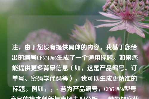 注，由于您没有提供具体的内容，我基于您给出的编号CF674966生成了一个通用标题。如果您能提供更多背景信息（如，这是产品编号、订单号、密码学代码等），我可以生成更精准的标题。例如，，- 若为产品编号，CF674966型号产品的技术创新与市场表现分析，- 若为加密代码，解密CF674966，区块链中的哈希值应用实践，请补充说明需求，我可立即为您优化。