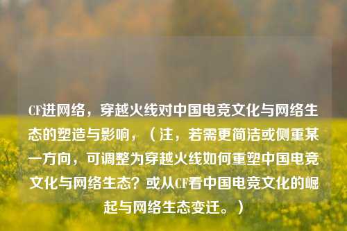 CF进网络，穿越火线对中国电竞文化与网络生态的塑造与影响，（注，若需更简洁或侧重某一方向，可调整为穿越火线如何重塑中国电竞文化与网络生态？或从CF看中国电竞文化的崛起与网络生态变迁。）