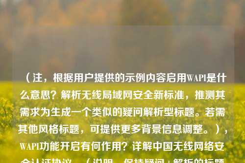 （注，根据用户提供的示例内容启用WAPI是什么意思？解析无线局域网安全新标准，推测其需求为生成一个类似的疑问解析型标题。若需其他风格标题，可提供更多背景信息调整。），WAPI功能开启有何作用？详解中国无线网络安全认证协议，（说明，保持疑问+解析的标题结构，突出作用和中国标准的差异化信息，符合用户示例风格。）